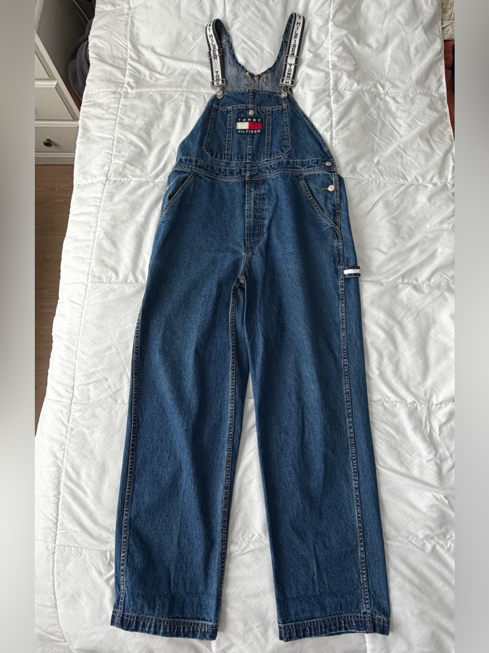 Vintage Tommy Hilfiger Denim Overalls M Blue White Straps 90s Y2K Tommy Jeans